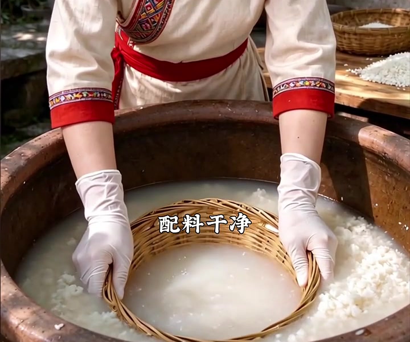 糯米发酵的淘米画面，保留原片字幕「配料干净」——对应卖点「纯糯米发酵」。