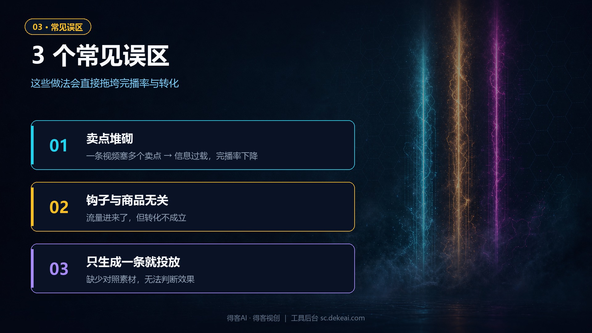 AI带货短视频三个常见误区图，卖点堆砌、钩子与商品无关、只生成一条素材就投放
